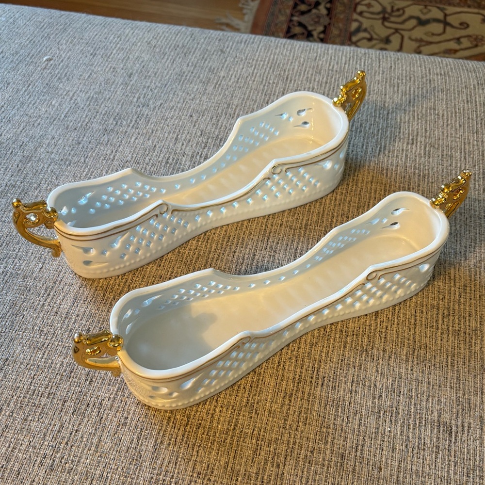 1950’s Vintage porcelain and gold painted utensil caddy white long tray dishes